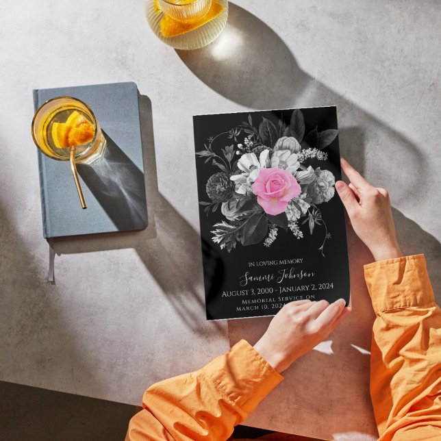 Convite Black Floral Funeral Memorial - rosa (Criador carregado)