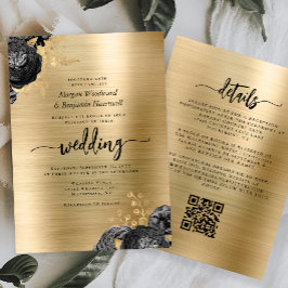 Convite Black Floral Gold Brushed Metal QR Code Wedding