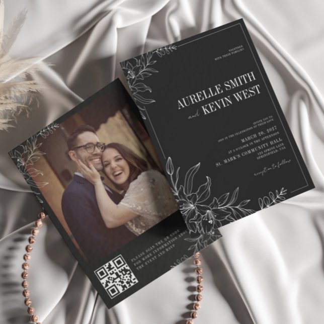 Convite Black Floral Rustic Elegant Photo Back QR Wedding  (Criador carregado)
