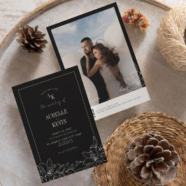 Convite Black Floral Rustic Monogram Photo QR Wedding 