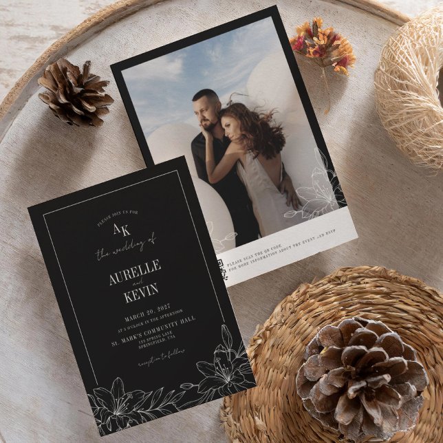 Convite Black Floral Rustic Monogram Photo QR Wedding  (Criador carregado)