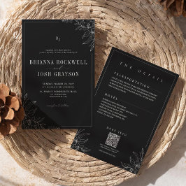Convite Black Flower Rustic Elegant Monogram QR Wedding 