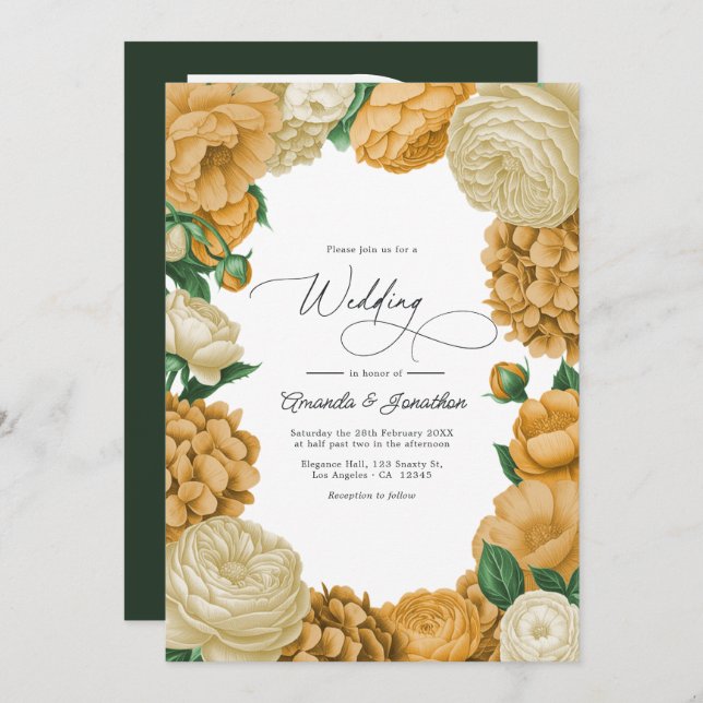 Convite Black Forest Green, Ecru/Warm Honey Floral Wedding (Frente/Verso)