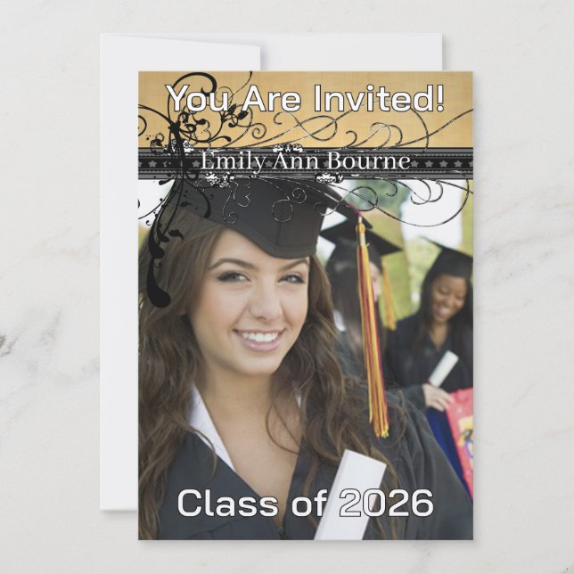 Convite Black Funky Elegant Swirls-Change to Current Year (Frente)