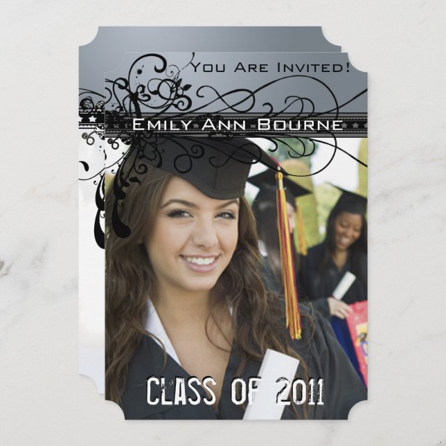 Convite Black Funky Elegant Swirls Graduation Invite (Frente/Verso)