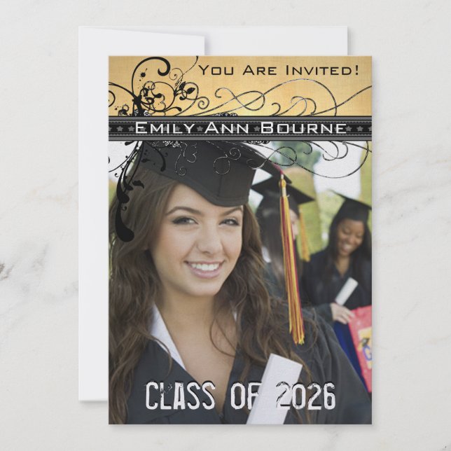 Convite Black Funky Elegant Swirls Graduation Invite (Frente)