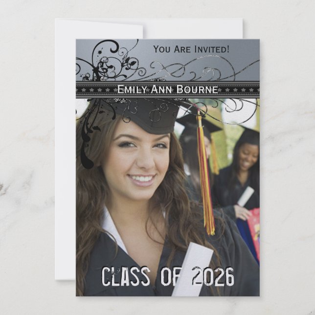 Convite Black Funky Elegant Swirls Graduation Invite (Frente)