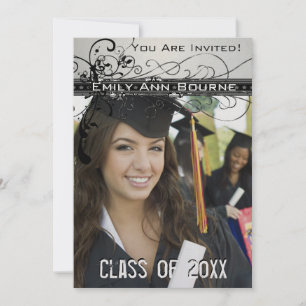 Convite Black Funky Elegant Swirls Graduation Invite