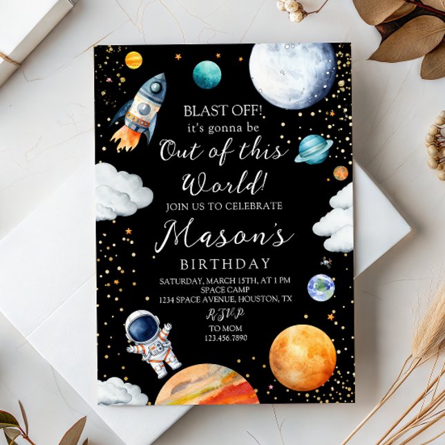 Convite Black Galaxy Rocket & Astronaut Out of This World (Criador carregado)