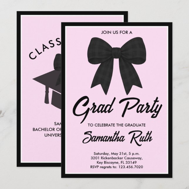 Convite Black Gingham Bow Graduation Party (Frente/Verso)
