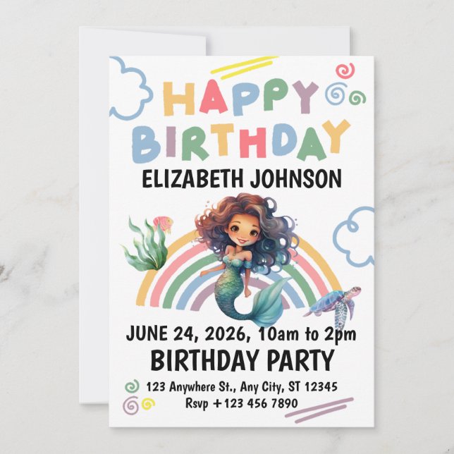 Convite Black Girl Mermaid Birthday Invitation in White  (Frente)