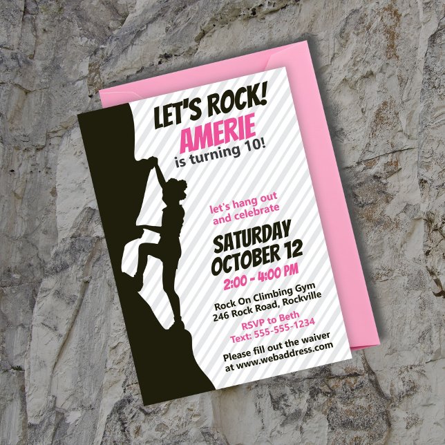 Convite Black Girl Rock Escalando Aniversário (Rock Climbing Party Invitation features the silhouette of a black girl climbing a rock. Pink & gray)
