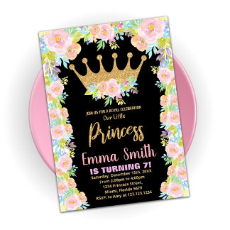 Convite Black Glitter Crown Princesa Conquista de Aniversá