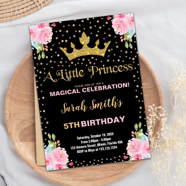 Convite Black Glitter Crown Princesa Conquista de Aniversá (Black Glitter Crown Princess Birthday Invitations)