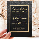 Convite Black glitter gold typography Sweet 16<br><div class="desc">A modern,  pretty chic and elegant faux gold and black glitter shower ombre with black color block Sweet sixteen party invitation with black glitter ombre pattern fading onto a black background with and elegant gold frame Perfect for a sweet sixteen birthday party.</div>