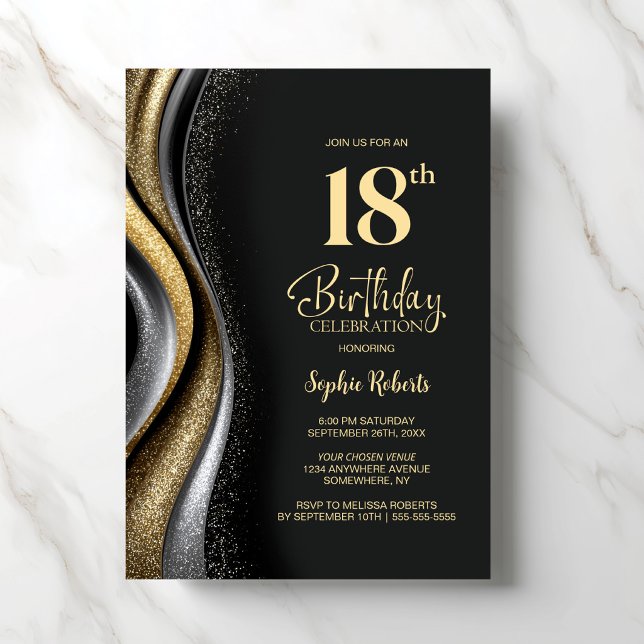 Convite Black Gold 18th Birthday Party (Criador carregado)