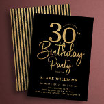 Convite Black Gold 30th Birthday<br><div class="desc">Black and gold 30th birthday party invitation. Trendy modern design,  perfect for a stylish men's or women's bday celebration. Features script font and stylish stripes on the back. Customize with your own details. Printed Zazzle invitations or instant download digital printable template.</div>