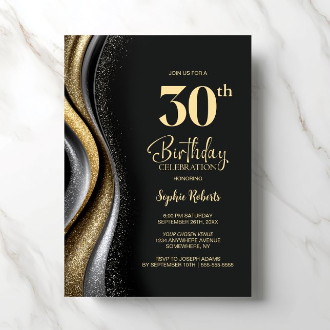 Convite Black Gold 30th Birthday Party (Criador carregado)