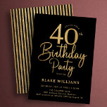 Convite Black Gold 40th Birthday<br><div class="desc">Black gold 40th birthday party invitation. Trendy modern design,  perfect for a stylish men's or women's bday celebration. Features script font and stripes on the back. Customize with your own details. Printed Zazzle invitations or instant download digital printable template.</div>