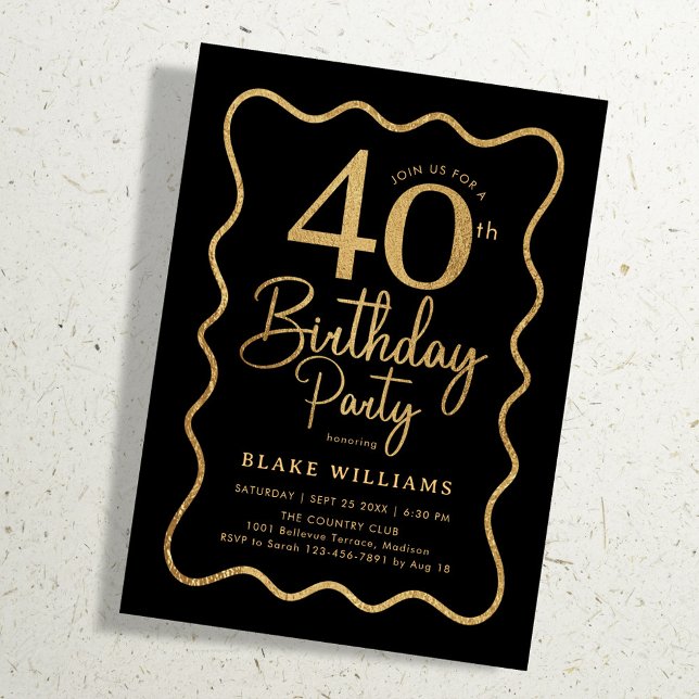 Convite Black Gold 40th Birthday Wavy Border (Criador carregado)