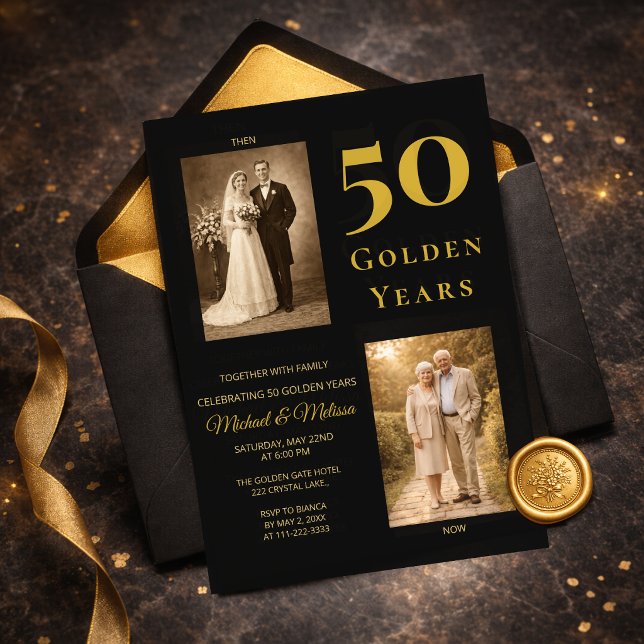 Convite Black Gold 50th Anniversary Then Now Elegant (Elegant black and gold 50th anniversary invitation flat lay with envelope)