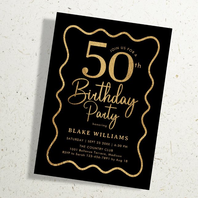 Convite Black Gold 50th Birthday Wavy Border (Criador carregado)