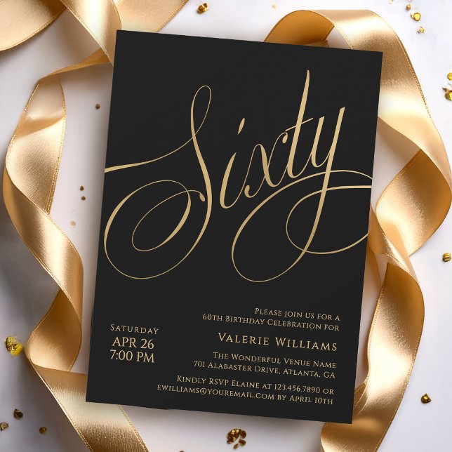 Convite Black Gold 60th Birthday Elegant Calligraphy (Available in both printed and instant download digital formats.)