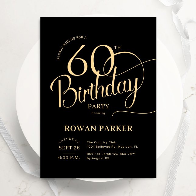Convite Black Gold 60th Birthday Elegant Script (Criador carregado)