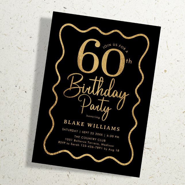Convite Black Gold 60th Birthday Wavy Border (Criador carregado)