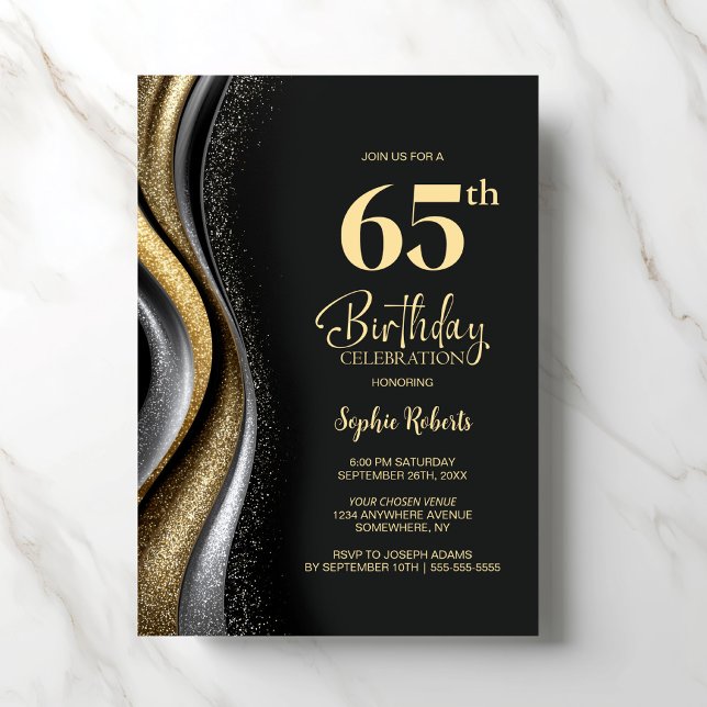 Convite Black Gold 65th Birthday Party (Criador carregado)