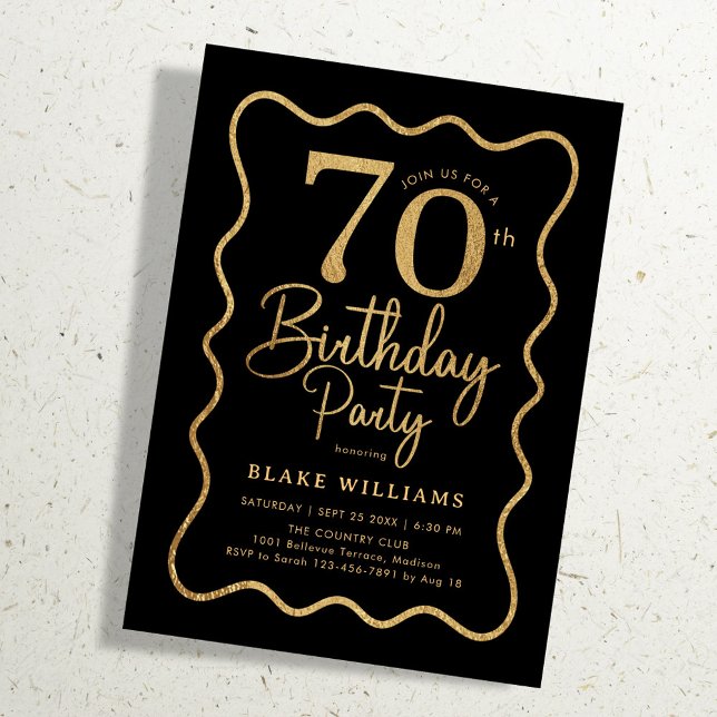 Convite Black Gold 70th Birthday Wavy Border (Criador carregado)