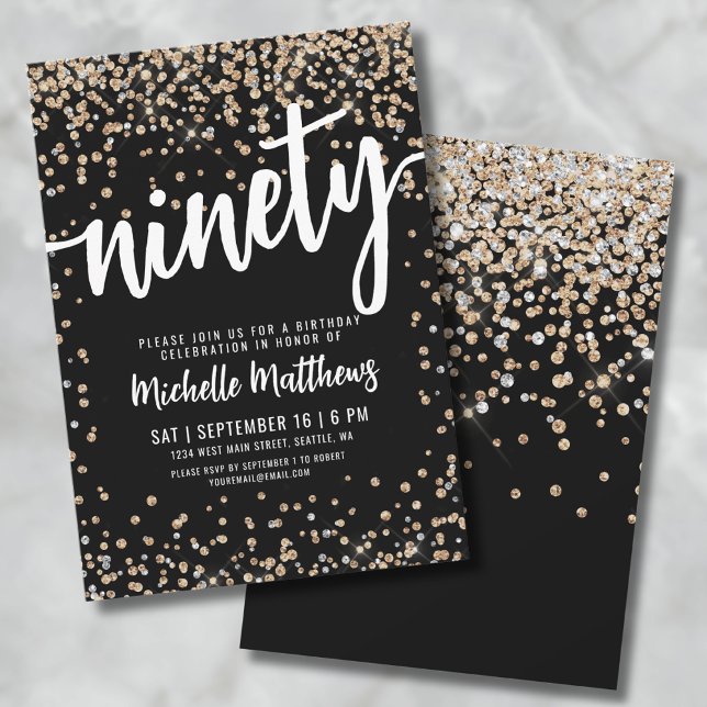 Convite Black Gold 90º aniversário (Black Gold 90th Birthday Invitation)