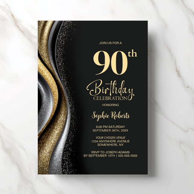 Convite Black Gold 90th Birthday Party (Criador carregado)