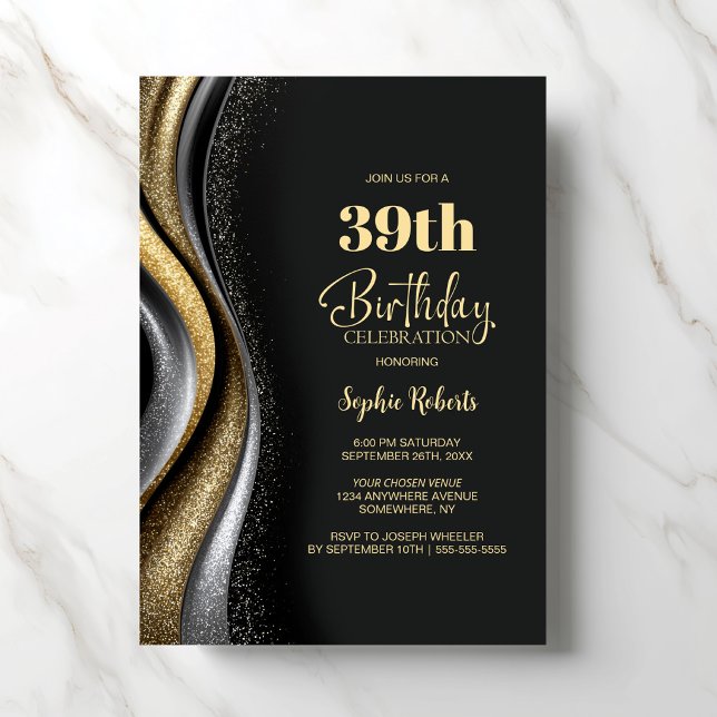 Convite Black Gold Any Age Birthday Party (Criador carregado)