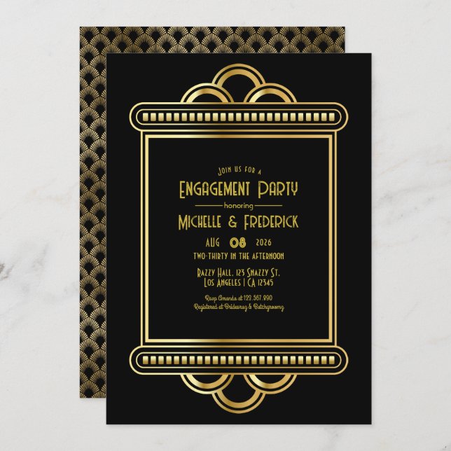 Convite Black & Gold Art Deco Gold Engagement Party Photo (Frente/Verso)