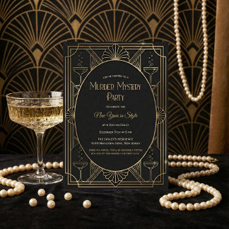 Convite Black Gold Art Deco Murder Mystery New Year Party