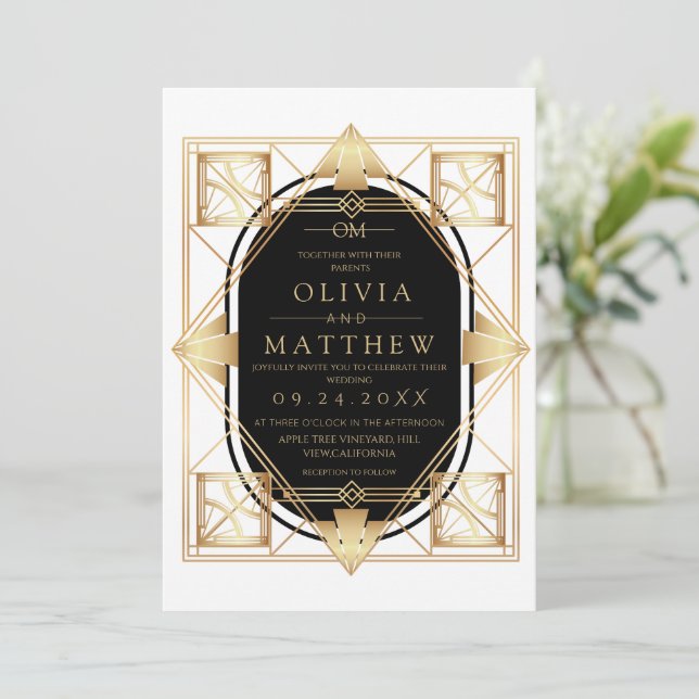 Convite Black & Gold Art Deco Wedding Invitation  (Em pé/Frente)