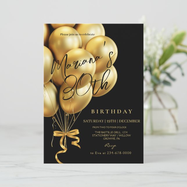 Convite  Black & Gold Balloon bow Birthday Party (Em pé/Frente)