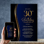 Convite Black Gold Blue 30th Birthday Party<br><div class="desc">Invite your friends and loved ones with this modern black, gold and blue 30th birthday party invitation. The customizable text area in this invitation template allows you to effortlessly include all the necessary details for your special birthday celebration, including the date, time, venue, and RSVP information. A variety of paper...</div>