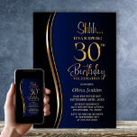 Convite Black Gold Blue Surprise 30th Birthday<br><div class="desc">Invite your friends and loved ones with this modern black, gold and blue surprise 30th birthday party invitation. The customizable text area in this invitation template allows you to effortlessly include all the necessary details for your special birthday celebration, including the date, time, venue, and RSVP information. A variety of...</div>