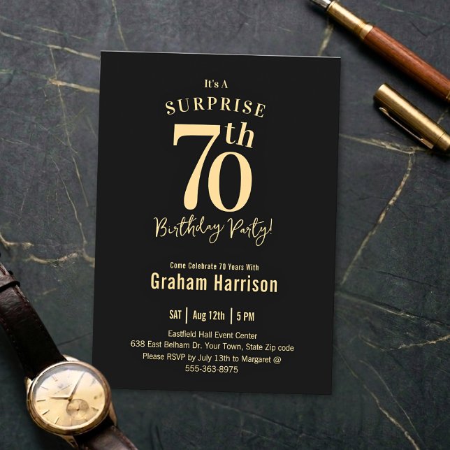Convite Black Gold Bold Typography Men's 70th Birthday (Criador carregado)