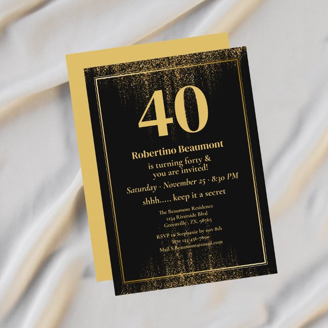 Convite Black Gold Border Glitter Modern 40th Birthday (Criador carregado)