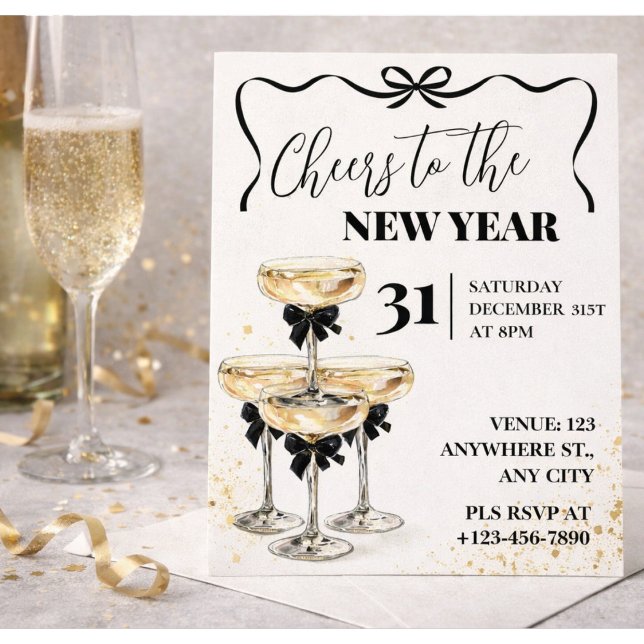 Convite Black Gold Champagne Cheers New Years Eve Party (Criador carregado)