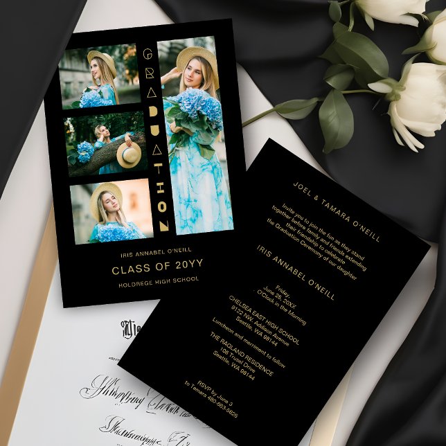 Convite Black Gold Chic 4 Multi-Photos Funny Script Invita (Black & Faux Gold Sophisticated 4 Multi-Photos Collage Whimsical Script Graduation Invitation Card.)