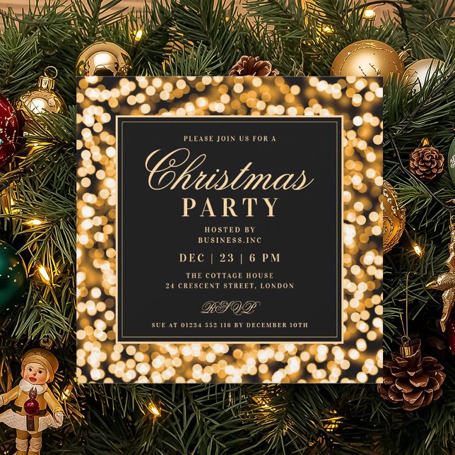 Convite Black & Gold Christmas Glam Lights Holiday Party (Black & Gold Christmas Glam Lights Holiday Party Invitation)