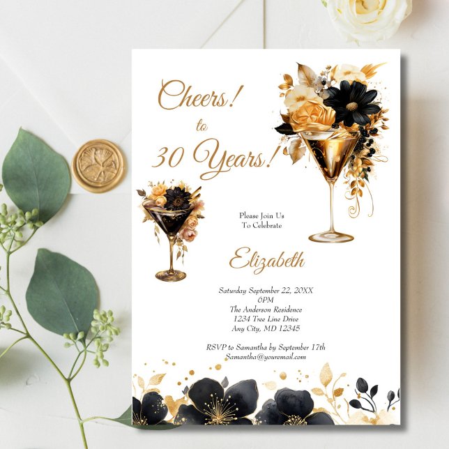 Convite Black Gold Cocktails Drinks Florals 30th Birthday (Black gold Florals and Cocktails 30th birthday party invitation for her. Printed or Digital Download)
