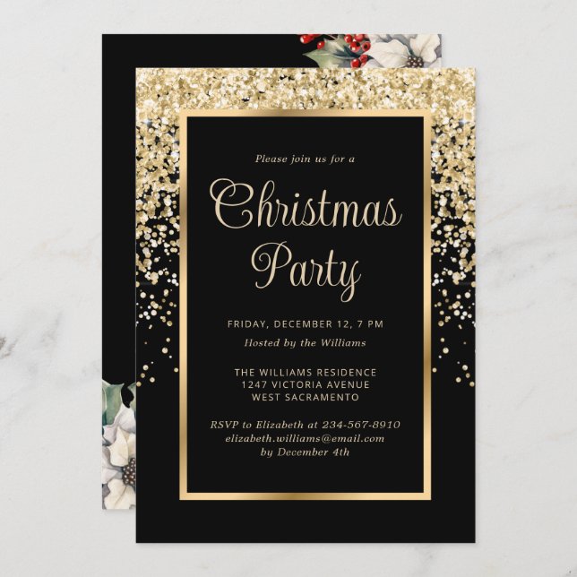 Convite Black Gold Confetti Botanical Christmas Party (Frente/Verso)
