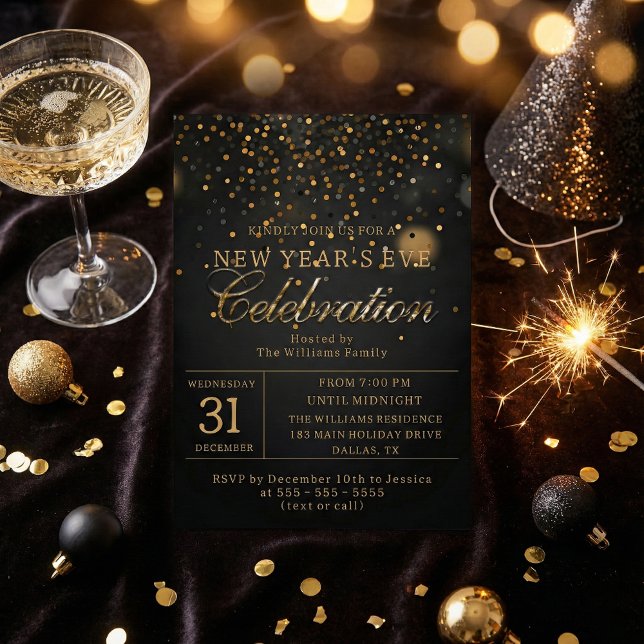 Convite Black & Gold Confetti New Year's Eve Party (Criador carregado)