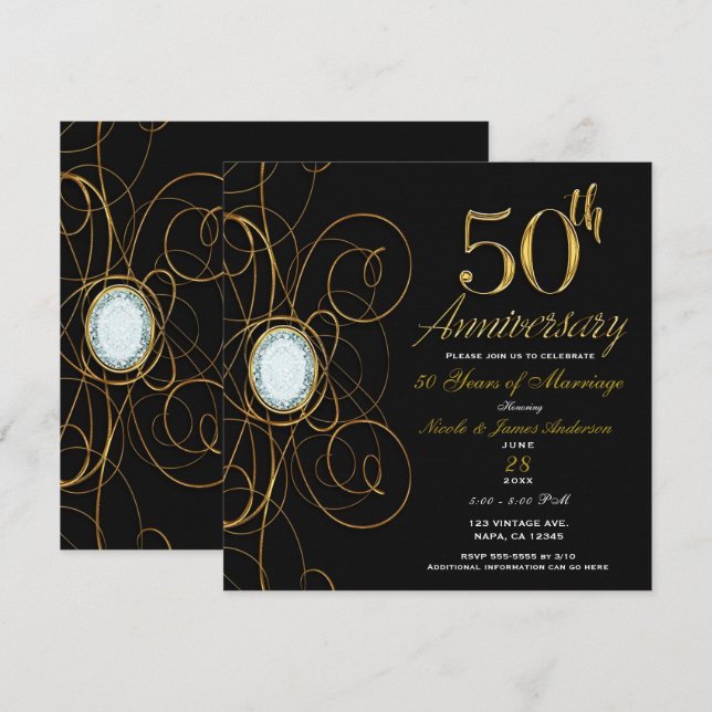 Convite Black & Gold Diamond 50 50º Aniversário Chic (Frente/Verso)