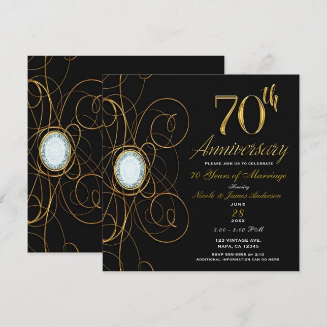 Convite Black & Gold Diamond Chic 70 70º Aniversário (Frente/Verso)